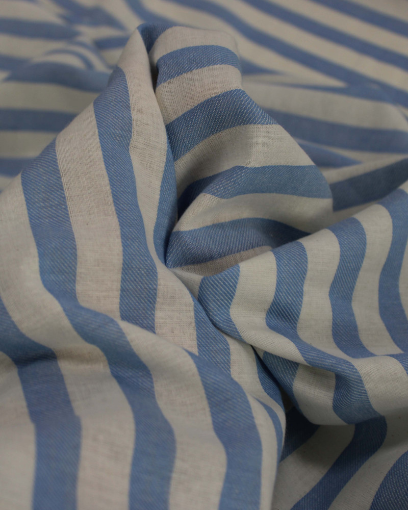 Tecido Tricoline Verano Premium Listras Verticais Azul Celeste e Offwhite
