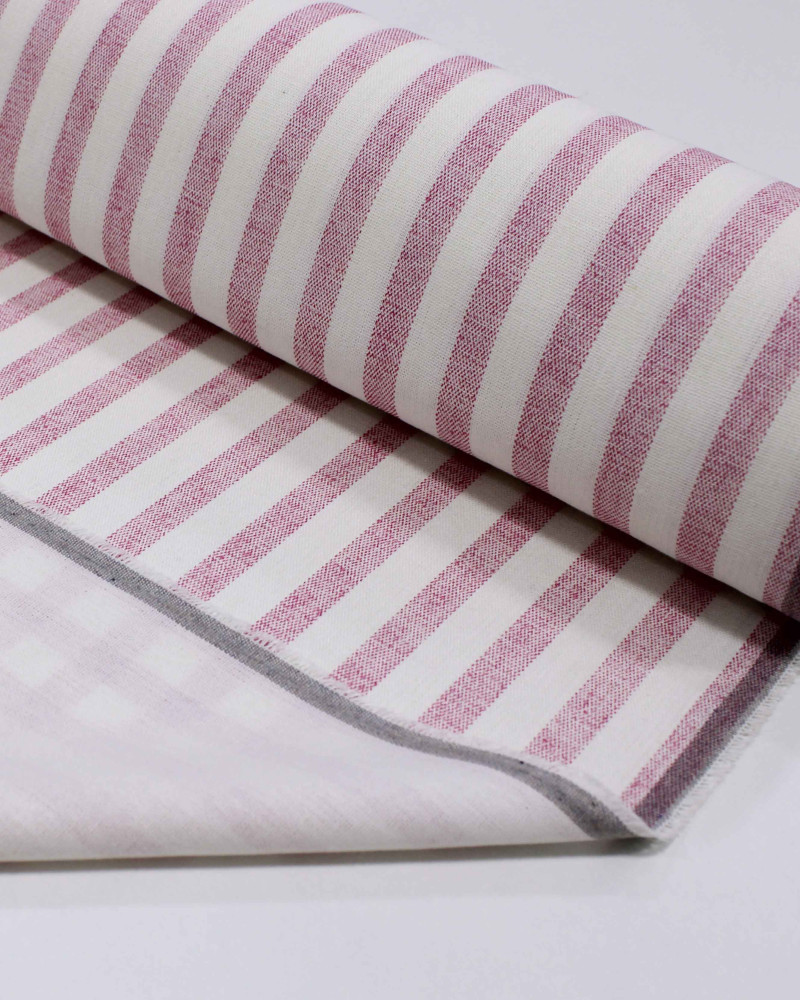 Tecido Linho Misto Listrado Rosa e Offwhite