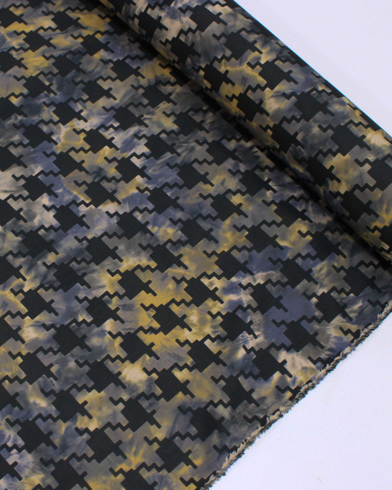 Tecido Micro Fibra Alfaiataria Geométrico Tons de Azul, Amarelo e Preto