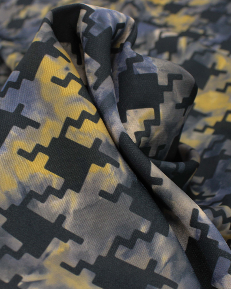 Tecido Micro Fibra Alfaiataria Geométrico Tons de Azul, Amarelo e Preto