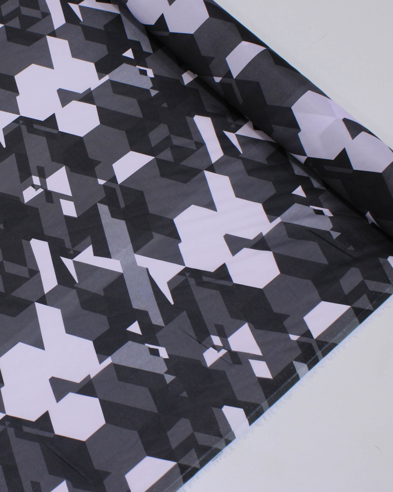 Tecido Crepe Silk Geométrico Irregular Rosa Quartzo e Tons de Cinza