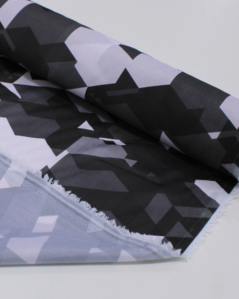 Tecido Crepe Silk Geométrico Irregular Rosa Quartzo e Tons de Cinza