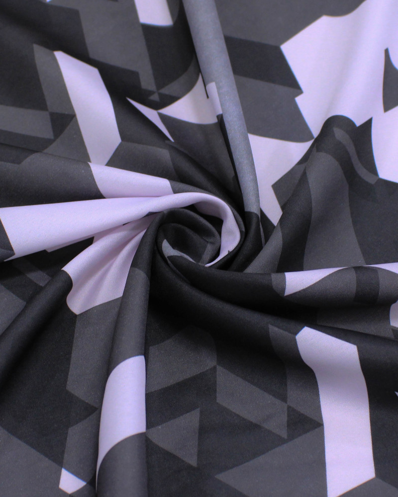 Tecido Crepe Silk Geométrico Irregular Rosa Quartzo e Tons de Cinza