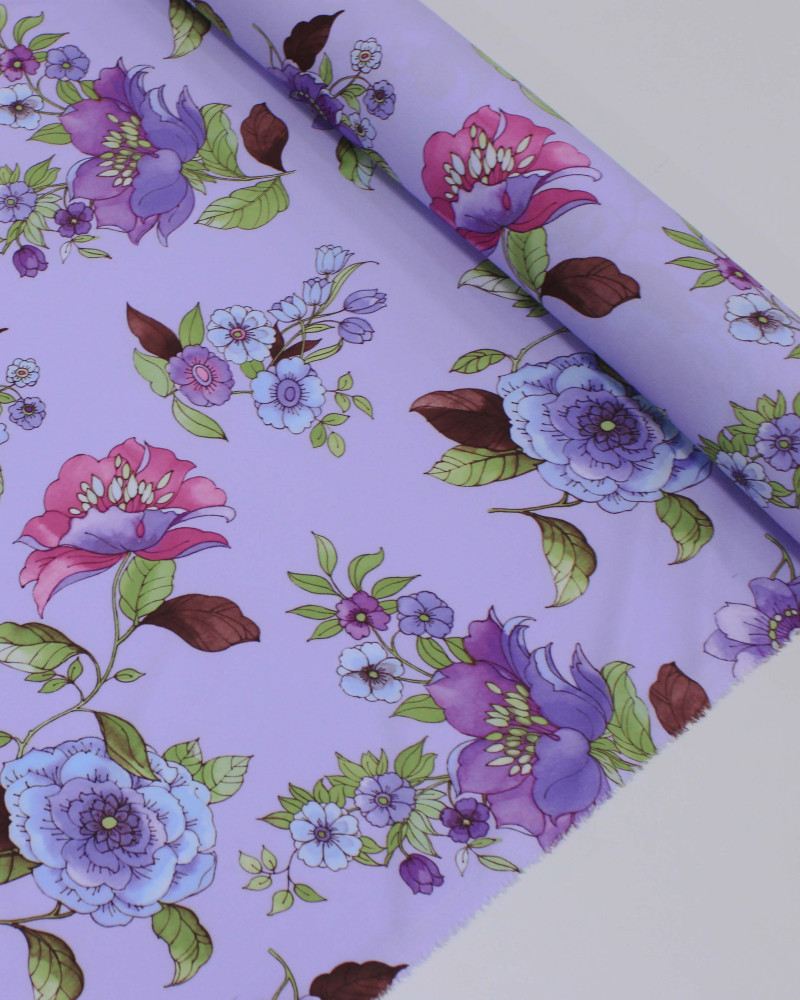 Tecido Micro Fibra Alfaiataria Ramos Florais Colorido e Lilás