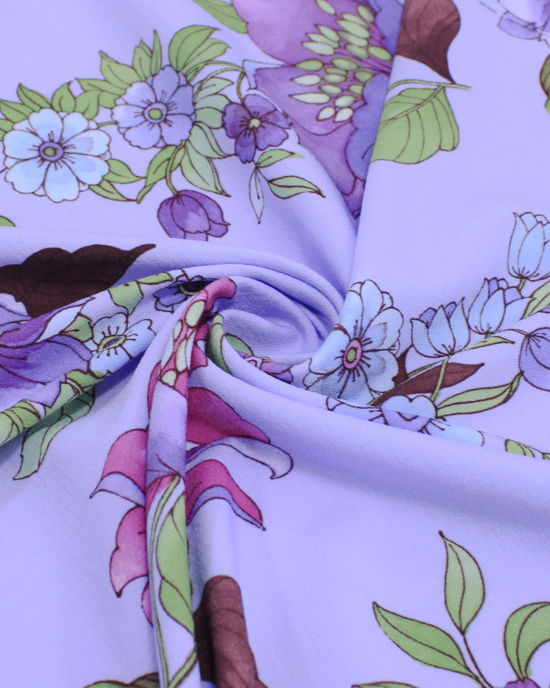 Tecido Micro Fibra Alfaiataria Ramos Florais Colorido e Lilás