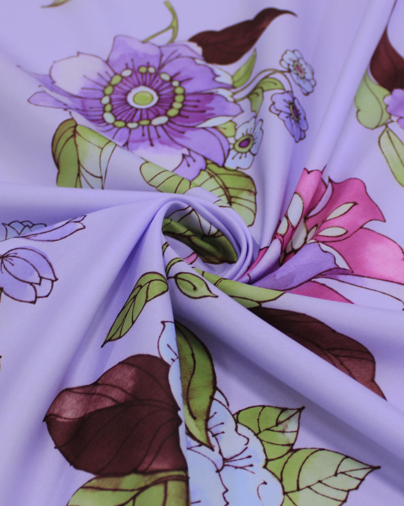 Tecido Crepe Silk Ramos Florais Colorido e Lilás