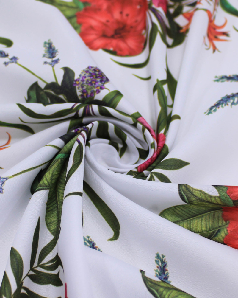 Tecido Micro Fibra Alfaiataria Ramos Florais Colorido e Branco