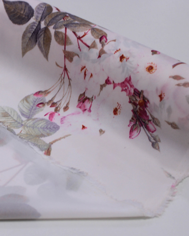 Tecido Crepe Salinas Ramos Florais Tons Pastéis de Rosa