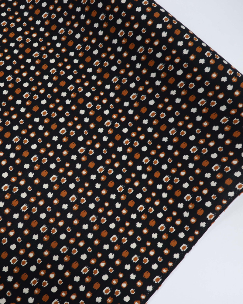 Tecido Viscose Texturizada Pontos Geométricos Tons Terrosos e Preto