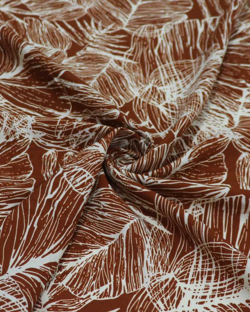 Tecido Viscose Macro Folhas Creme e Terracota