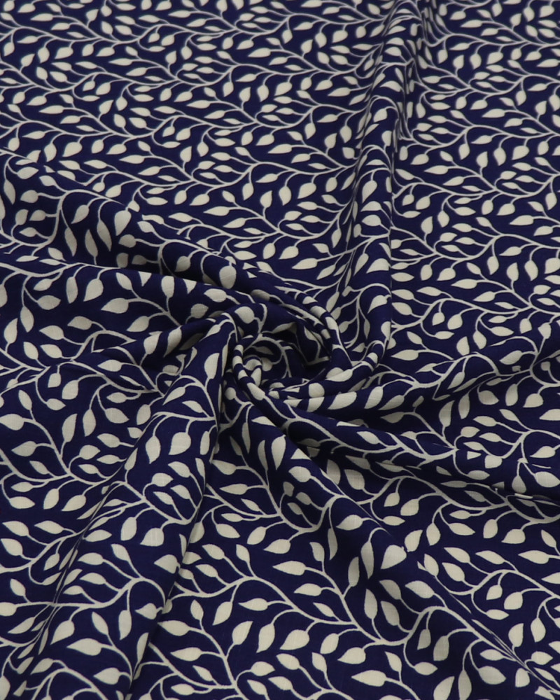 Tecido Viscose Texturizada Ramos Ondulados Creme e Azul Marinho