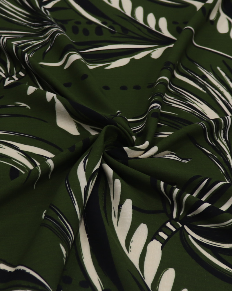 Tecido Viscose Texturizada Macro Folhagens e Pontos Bege, Preto e Verde Oliva