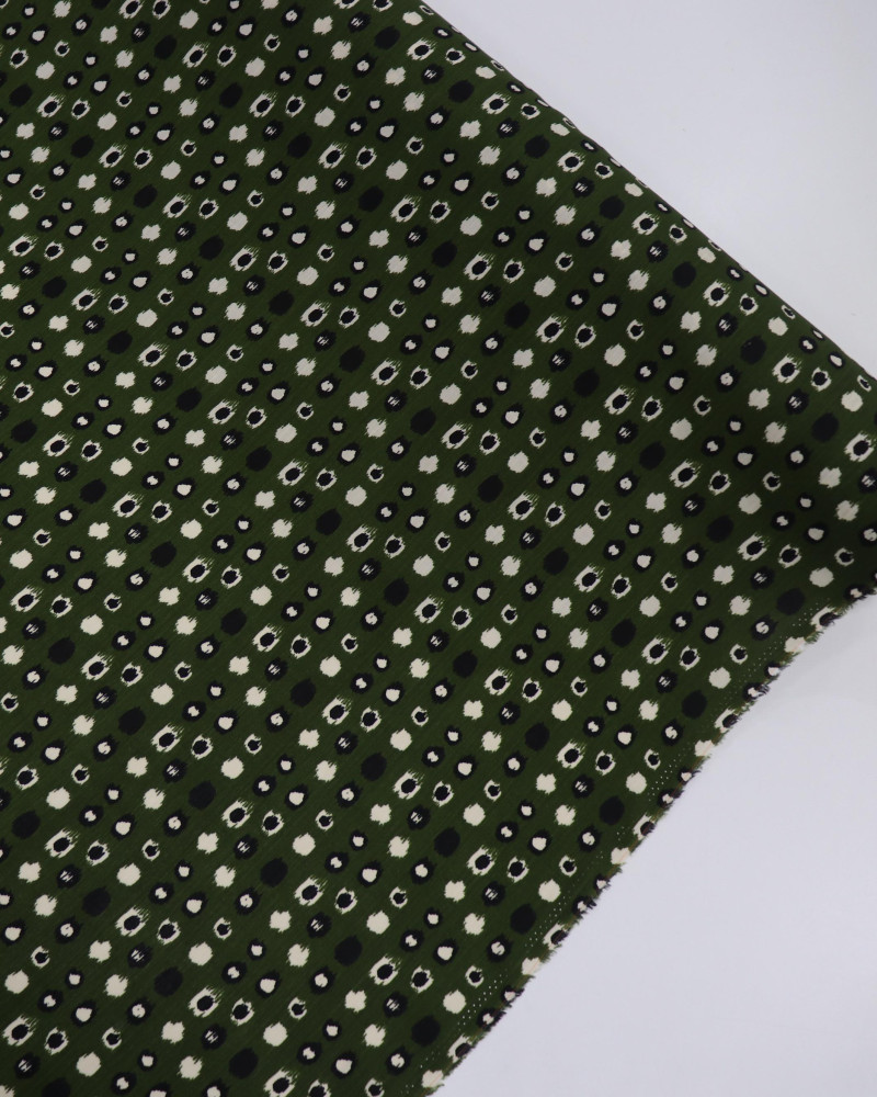 Tecido Viscose Texturizada Pontos Geométricos Preto, Creme e Verde Oliva