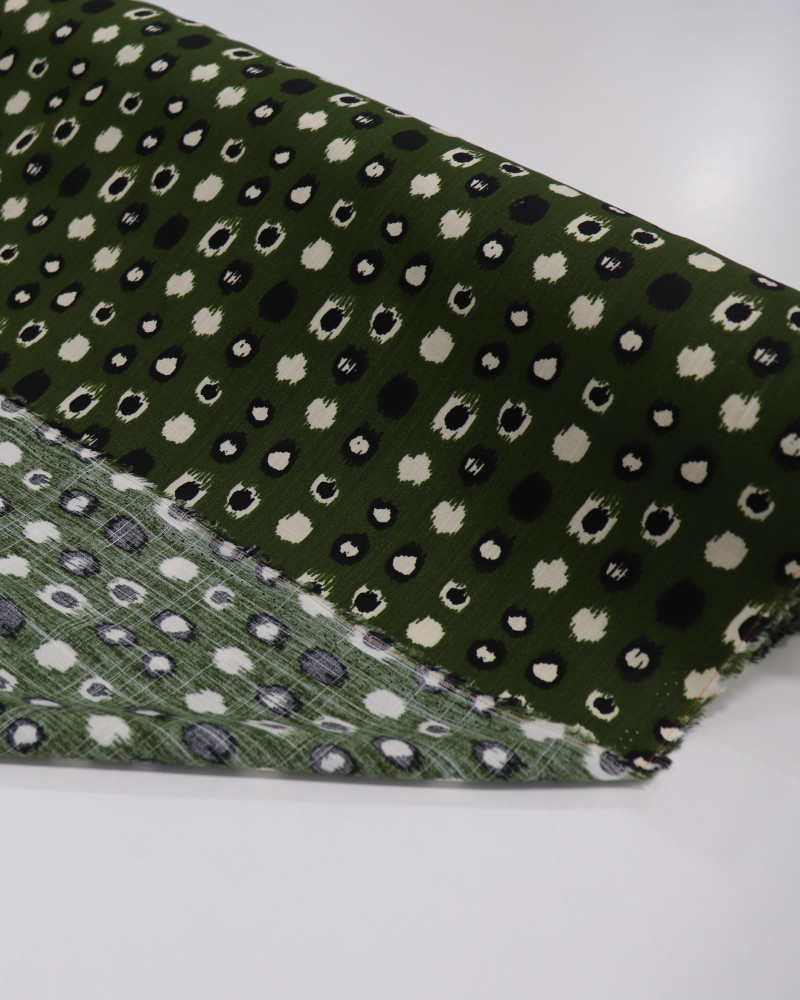Tecido Viscose Texturizada Pontos Geométricos Preto, Creme e Verde Oliva (1.3m)