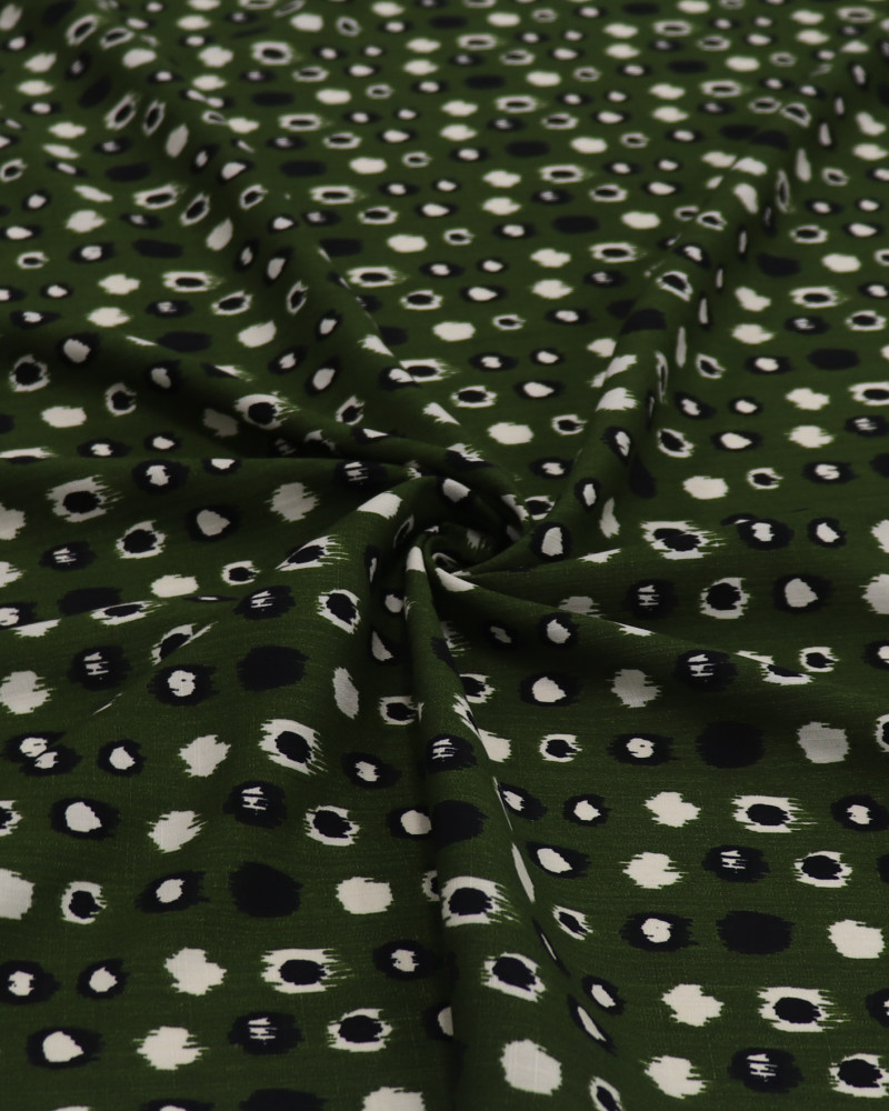 Tecido Viscose Texturizada Pontos Geométricos Preto, Creme e Verde Oliva