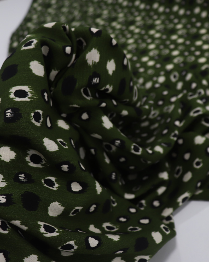 Tecido Viscose Texturizada Pontos Geométricos Preto, Creme e Verde Oliva