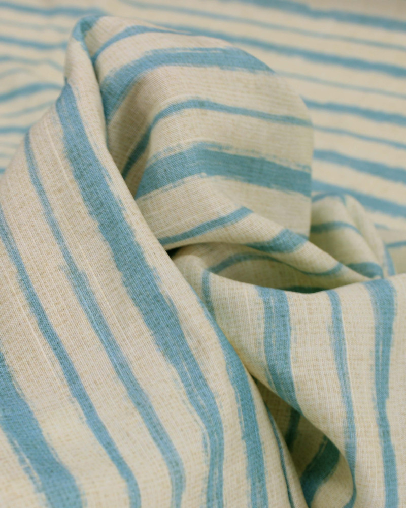 Tecido Tricoline Mista Verano Flamê Premium Listras Verticais Creme e Azul