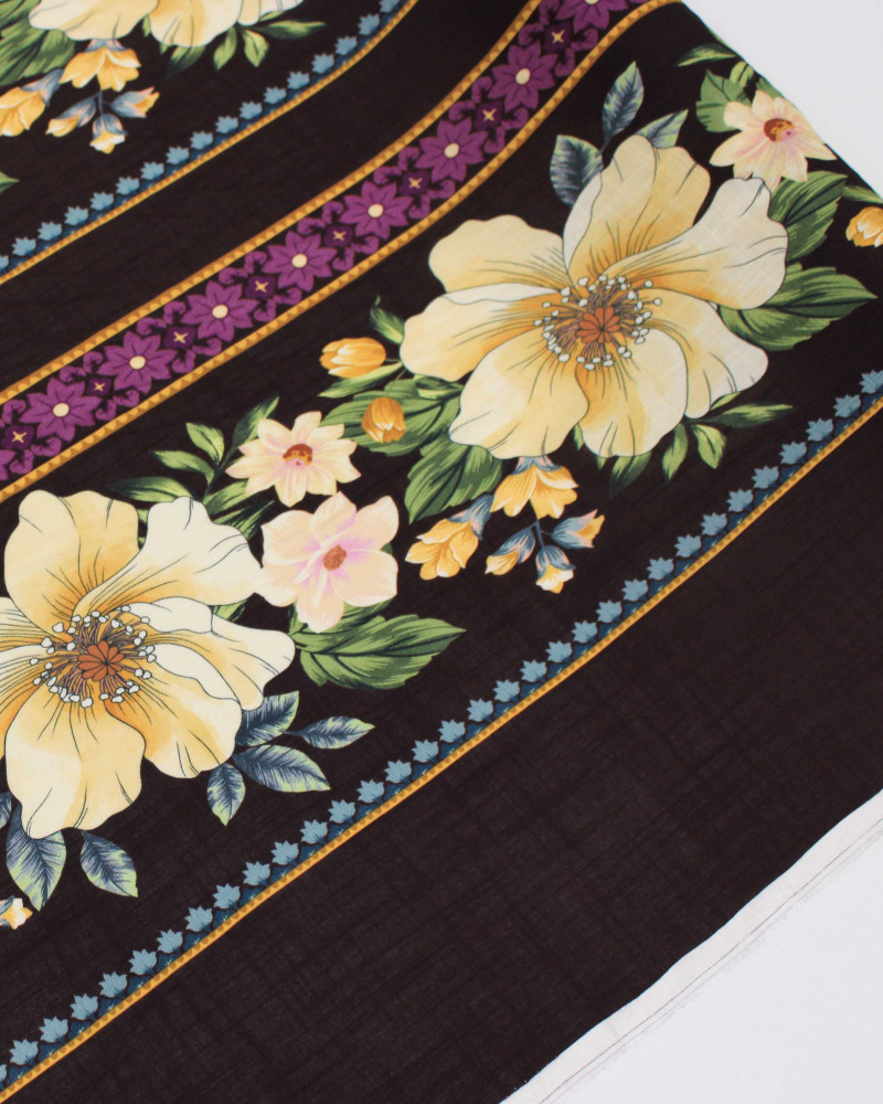 Tecido Viscose Texturizada Premium Listras Estampadas Macro Floral Colorido e Roxo Imperial