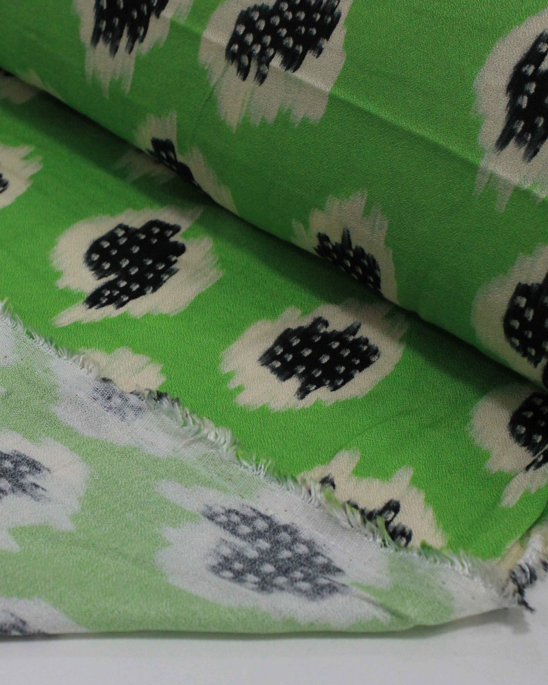 Tecido Crepe de Viscose Premium Macro Pingos Irregulares Creme, Preto e Verde