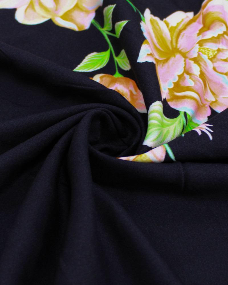 Tecido Viscose Premium Macro Flores em Listras Verticais Colorido e Preto