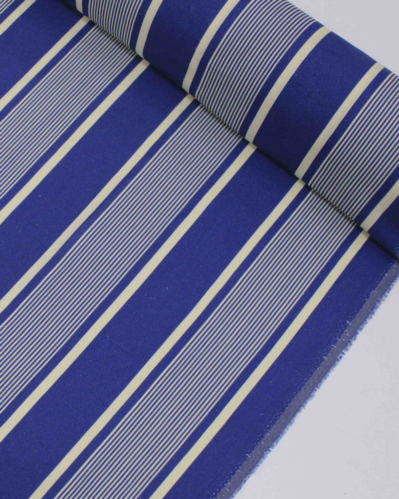 Tecido Linho Misto Rústico Multi Listras Creme e Azul Anoitecer