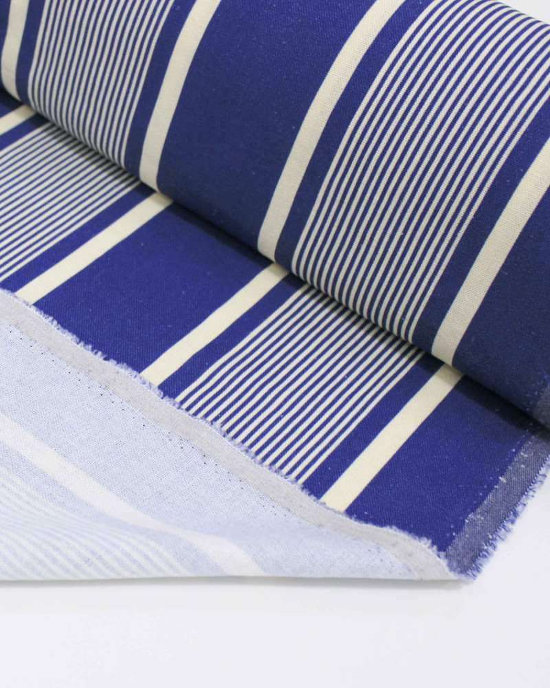Tecido Linho Misto Rústico Multi Listras Creme e Azul Anoitecer