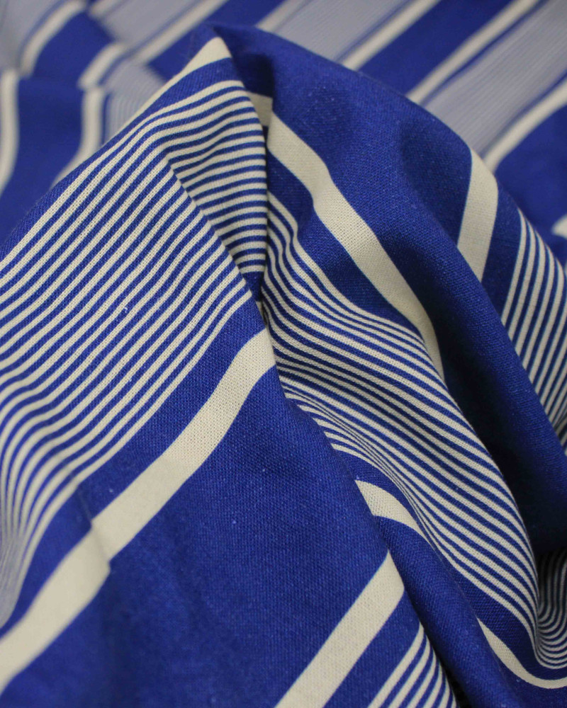 Tecido Linho Misto Rústico Multi Listras Creme e Azul Anoitecer