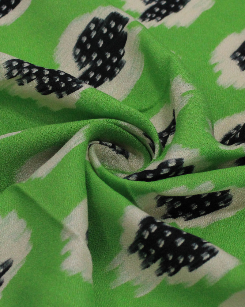 Tecido Crepe de Viscose Premium Macro Pingos Irregulares Creme, Preto e Verde