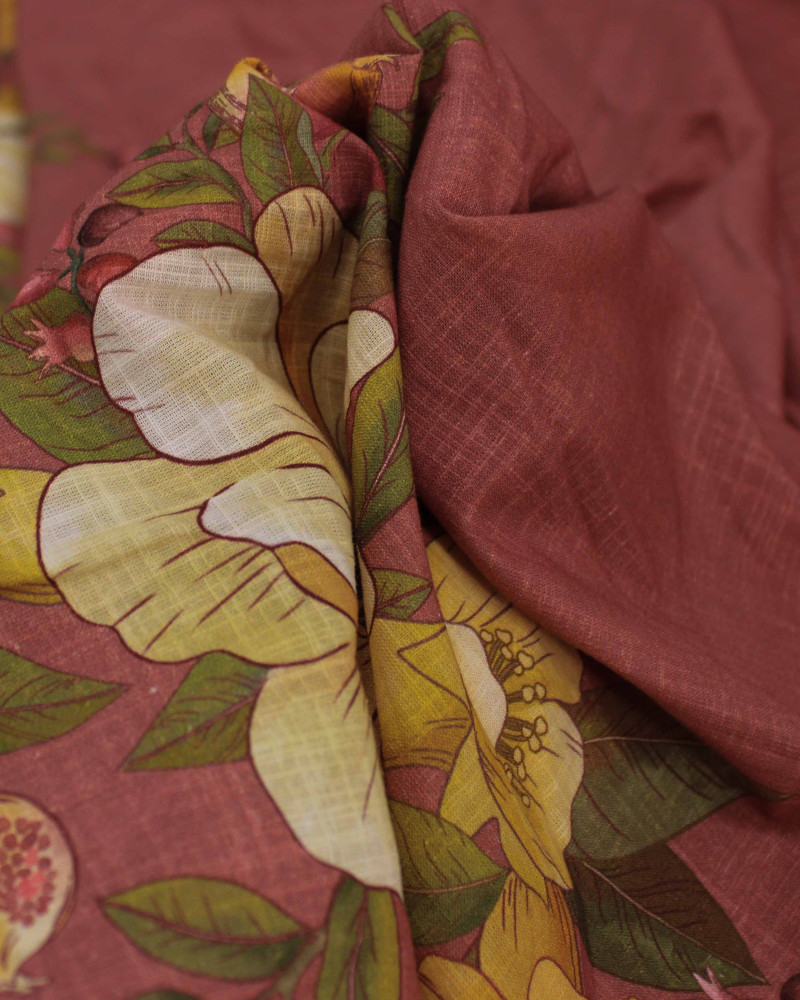 Tecido Viscose Texturizada Premium Barrado Floral Duplo Colorido e Rosa Queimado