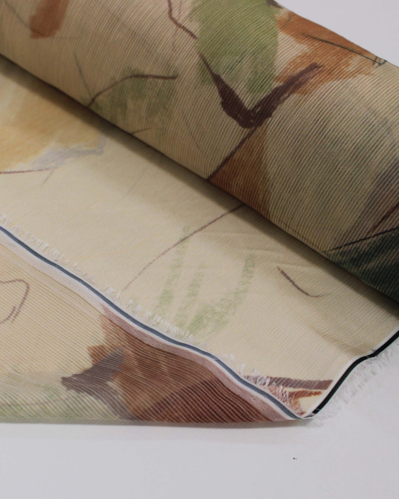 Tecido Crepe Chiffon Texturizado Pintura Abstrata Tons Terrosos