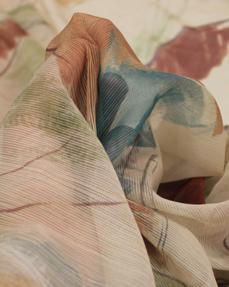 Tecido Crepe Chiffon Texturizado Pintura Abstrata Tons Terrosos