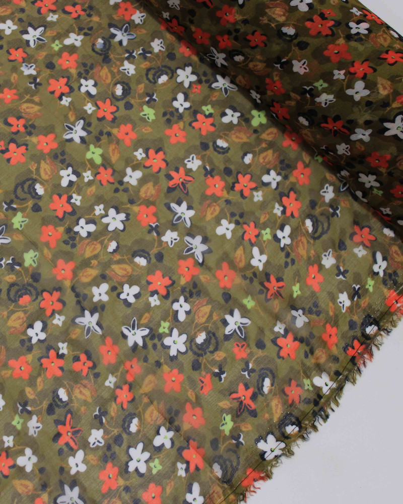 Tecido Crepe Chiffon Campo Floral Colorido e Caramelo