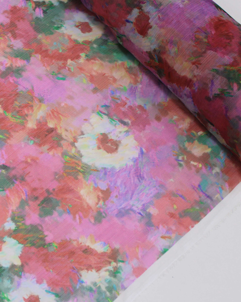 Tecido Crepe Chiffon Texturizado Campo Floral Abstrato Colorido e Tons de Rosa