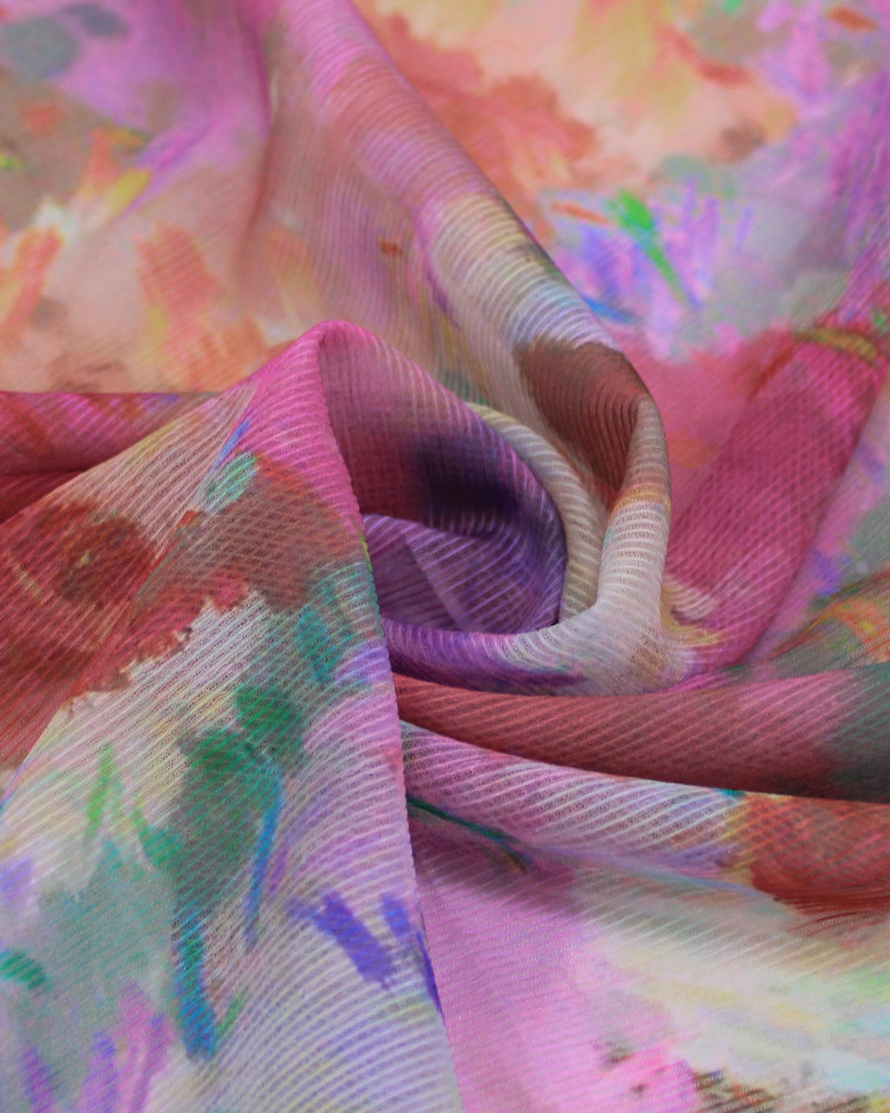 Tecido Crepe Chiffon Texturizado Campo Floral Abstrato Colorido e Tons de Rosa