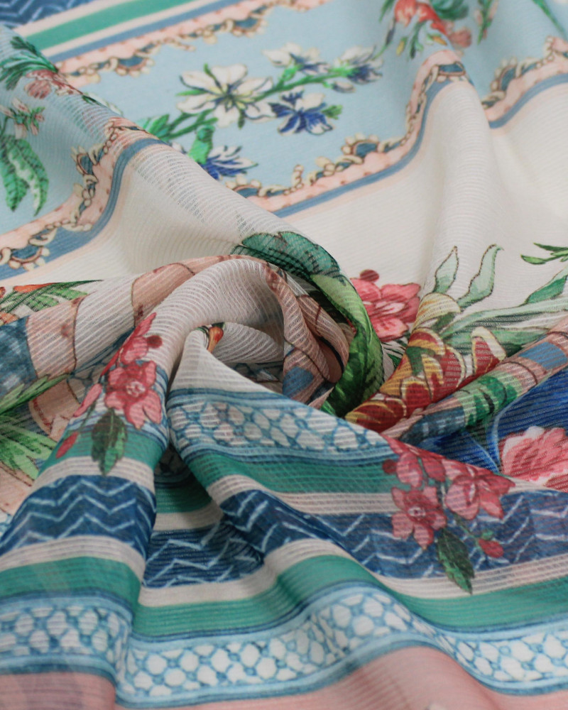 Tecido Crepe Chiffon Texturizado Multi Listras Florais Colorido