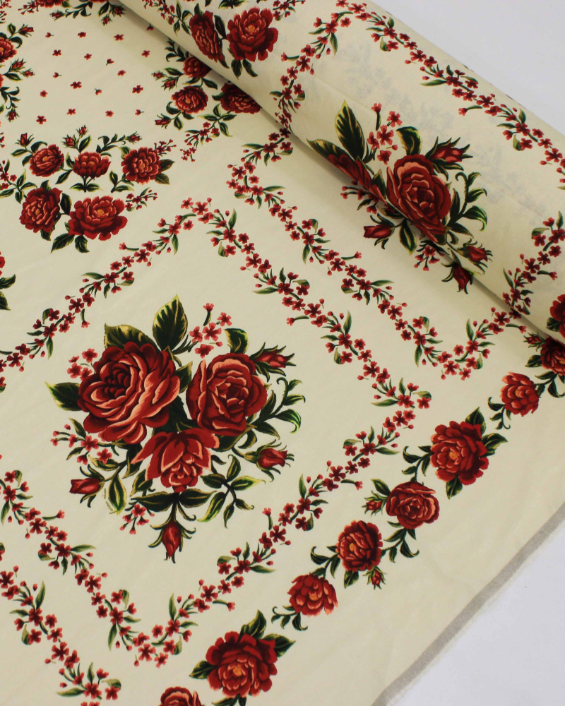 Tecido Linho Misto Rústico Macro Estampa Floral em Recortes Vermelho e Creme