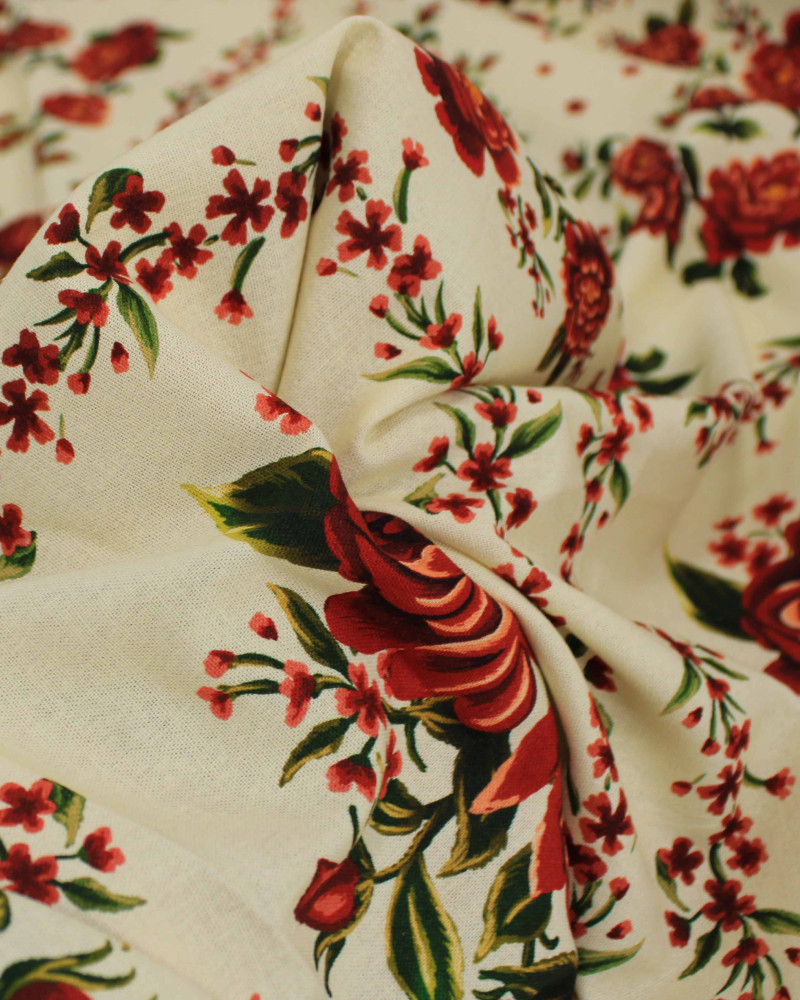 Tecido Linho Misto Rústico Macro Estampa Floral em Recortes Vermelho e Creme