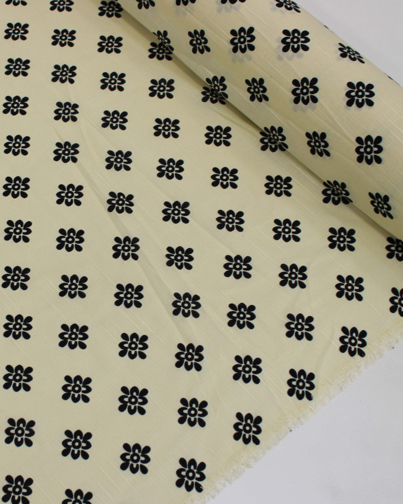 Tecido Tricoline Mista Verano Flamê Premium Estampa Flores Étnicas Preto e Creme