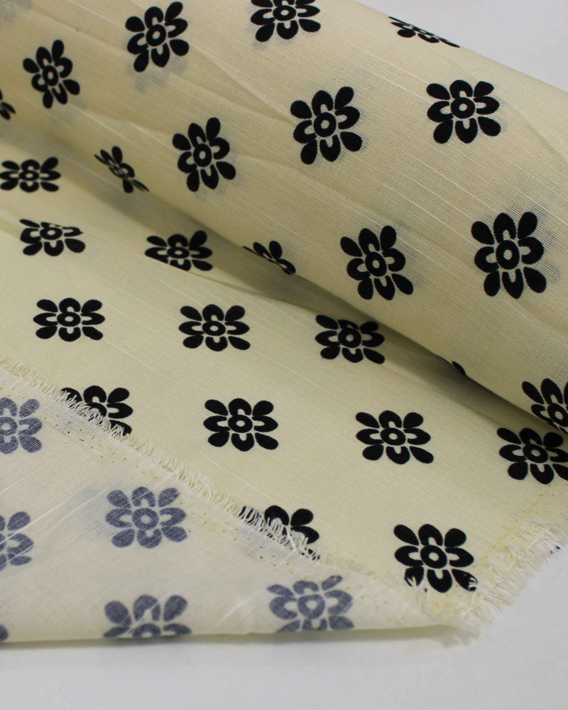 Tecido Tricoline Mista Verano Flamê Premium Estampa Flores Étnicas Preto e Creme