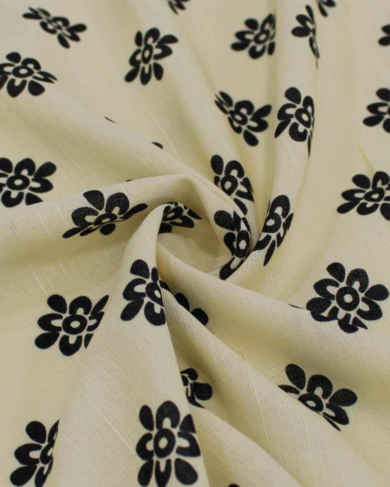 Tecido Tricoline Mista Verano Flamê Premium Estampa Flores Étnicas Preto e Creme