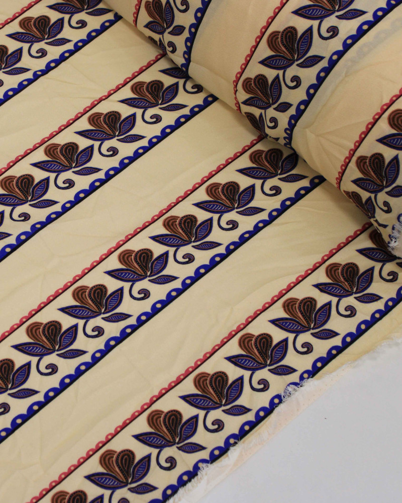 Tecido Viscose Sarjada Premium Listras e Ramos Azul, Castanho e Creme
