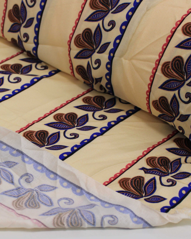 Tecido Viscose Sarjada Premium Listras e Ramos Azul, Castanho e Creme