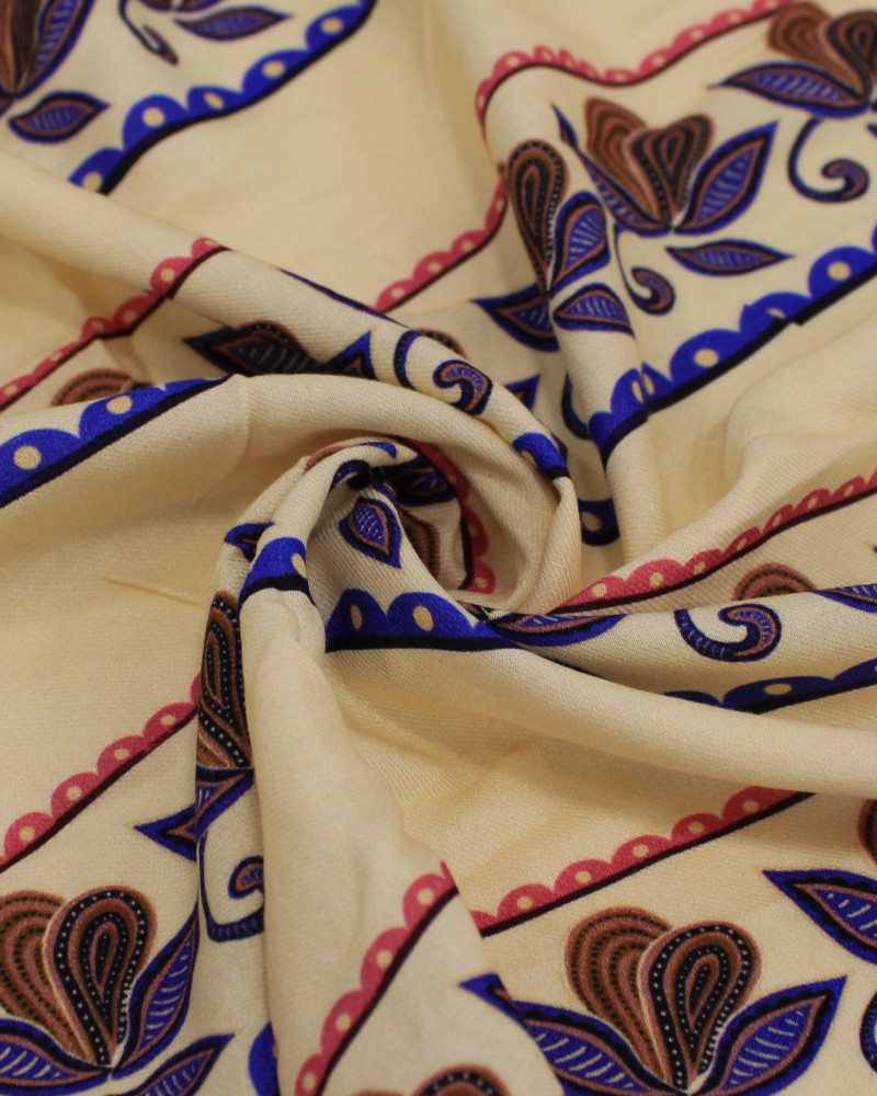 Tecido Viscose Sarjada Premium Listras e Ramos Azul, Castanho e Creme