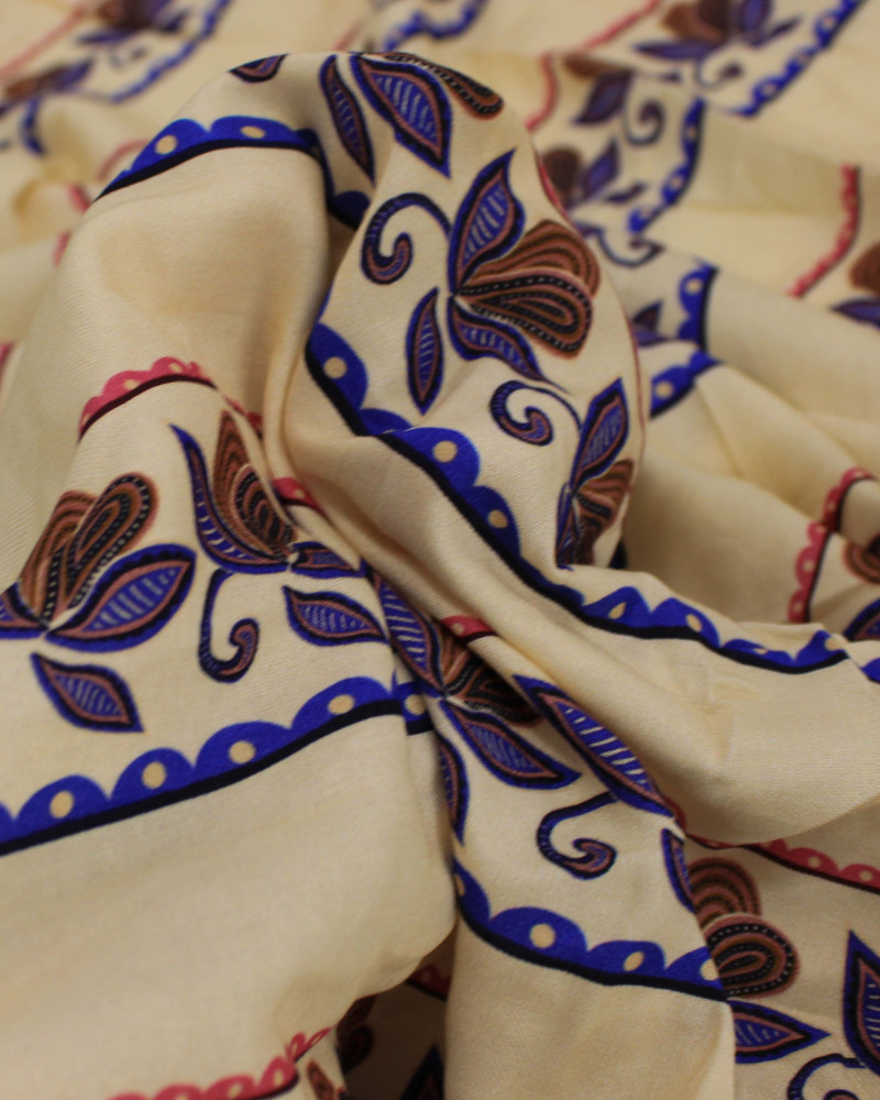 Tecido Viscose Sarjada Premium Listras e Ramos Azul, Castanho e Creme