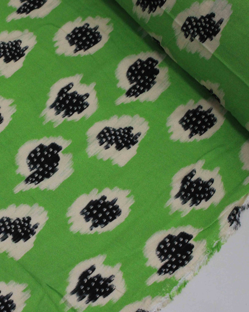 Tecido Crepe de Viscose Premium Macro Pingos Irregulares Creme, Preto e Verde