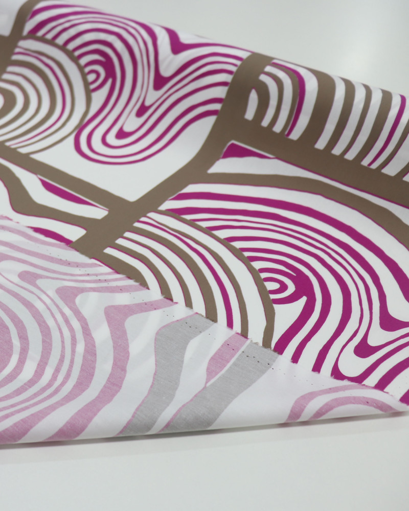 Tecido Tricoline Italiano Quadros e Riscos Ondulados Roxo, Branco e Nude