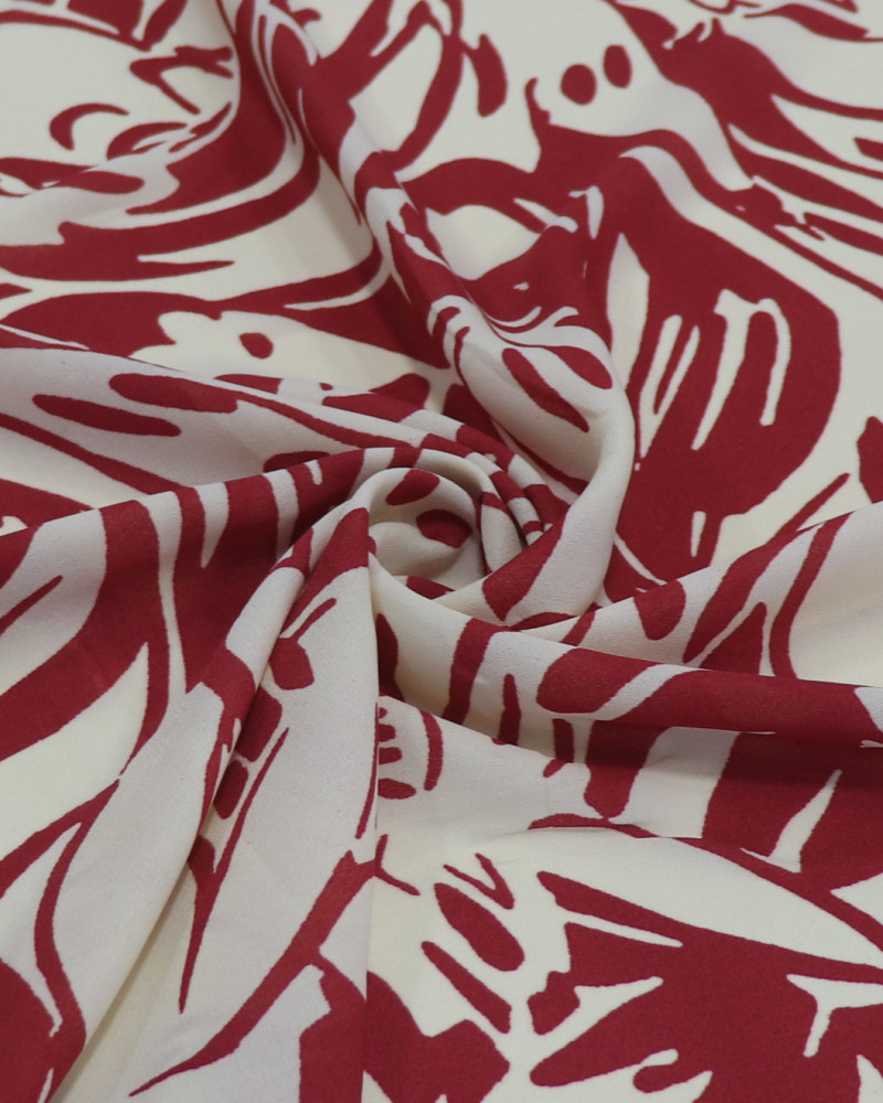 Tecido Crepe Koshibo Leve Pintura Abstrata Creme e Vermelho Valentina