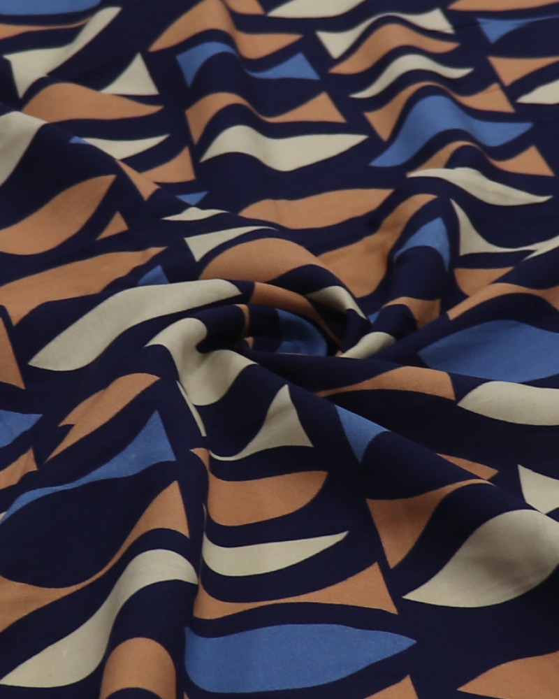 Tecido Viscose Estampa Geométrica Argila, Bege e Tons de Azul