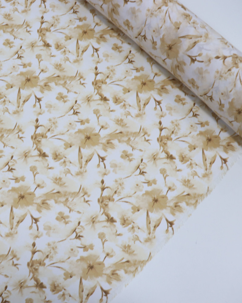 Tecido Crepe Koshibo Leve Ramos Florais em Aquarela Bege e Offwhite