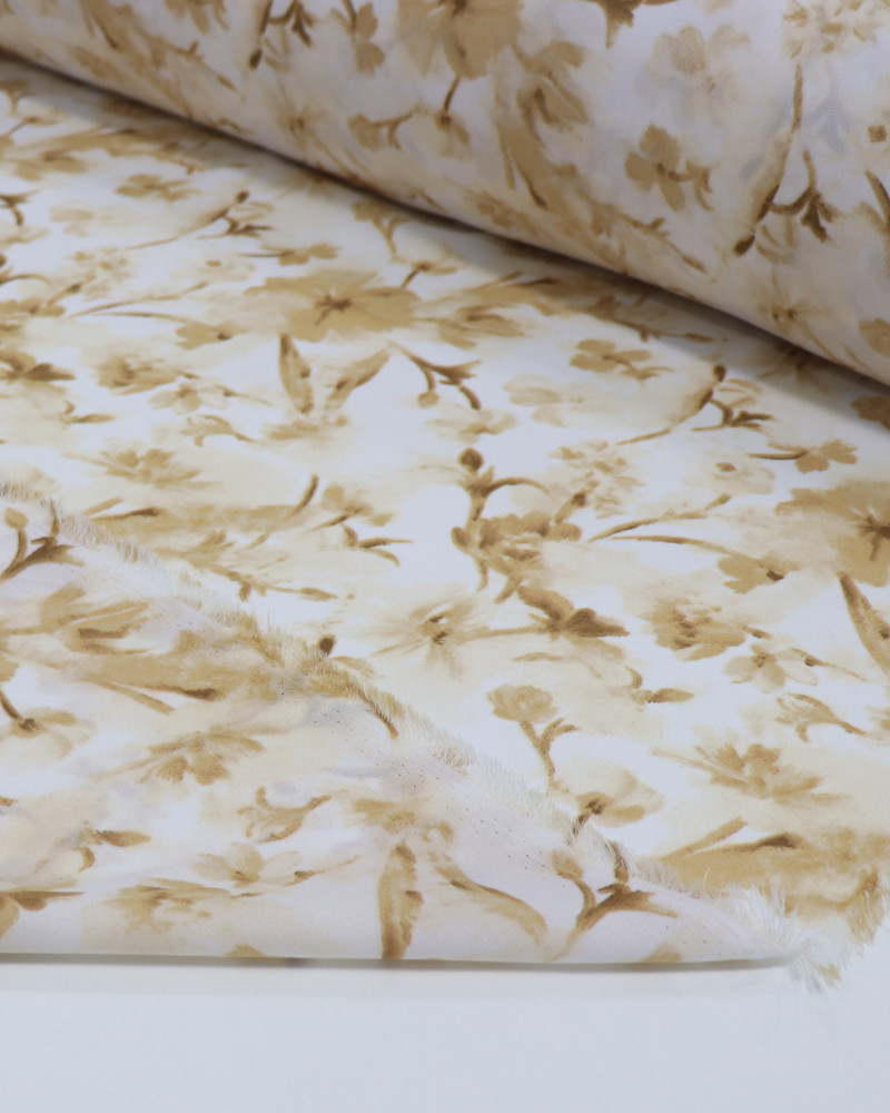 Tecido Crepe Koshibo Leve Ramos Florais em Aquarela Bege e Offwhite